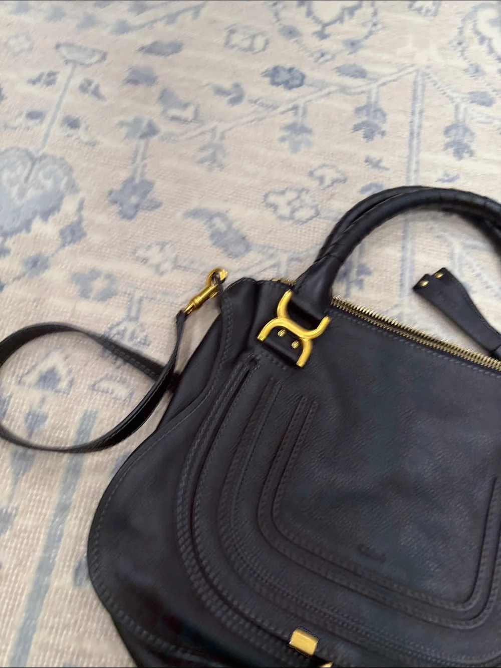 Chloe Black Pebbled Leather Shoulder Bag with Gold Hardware Accents